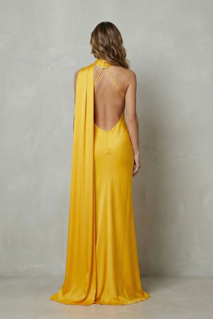 Audra | Maxi Dress Yellow Satin Halter Cape Mermaid Gown for Women