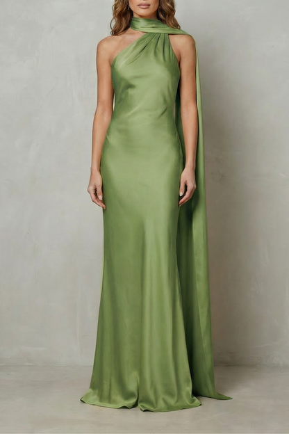 Audra | Maxi Dress Yellow Satin Halter Cape Mermaid Gown for Women