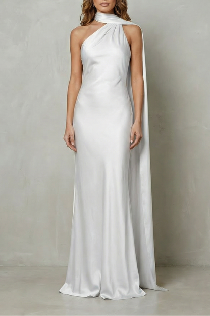 Audra | Maxi Dress Yellow Satin Halter Cape Mermaid Gown for Women