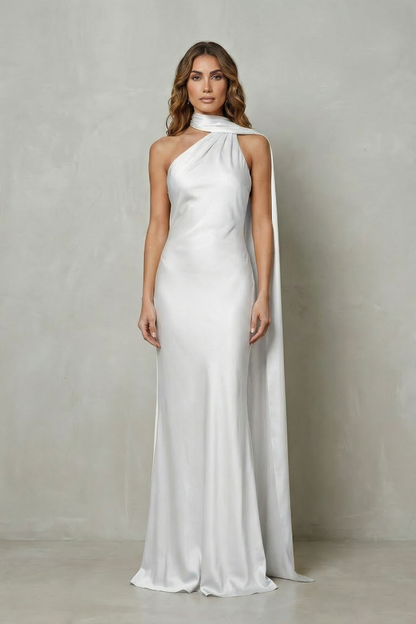 Audra | Maxi Dress Yellow Satin Halter Cape Mermaid Gown for Women