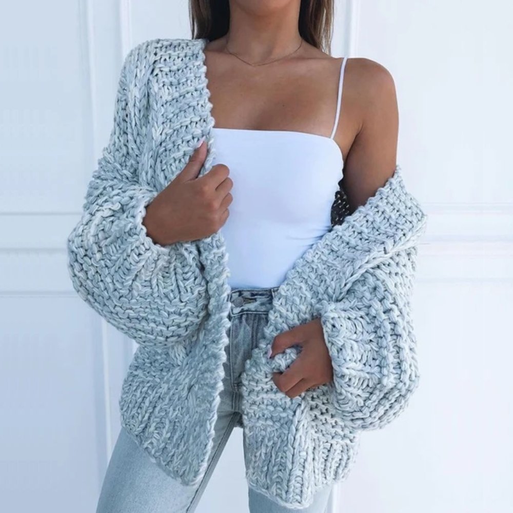 Alberta | Oversized Cardigan Black Chunky Knit Puff Sleeve for Women