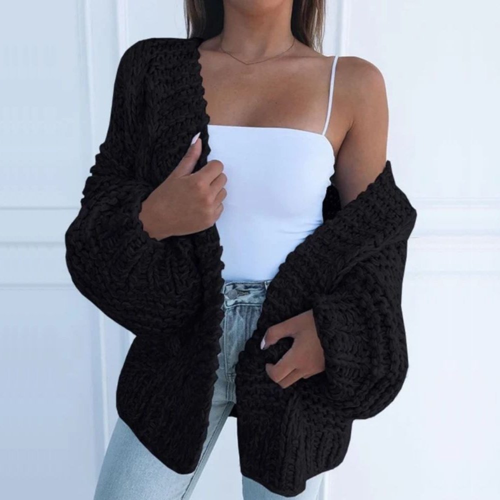 Alberta | Oversized Cardigan Black Chunky Knit Puff Sleeve for Women