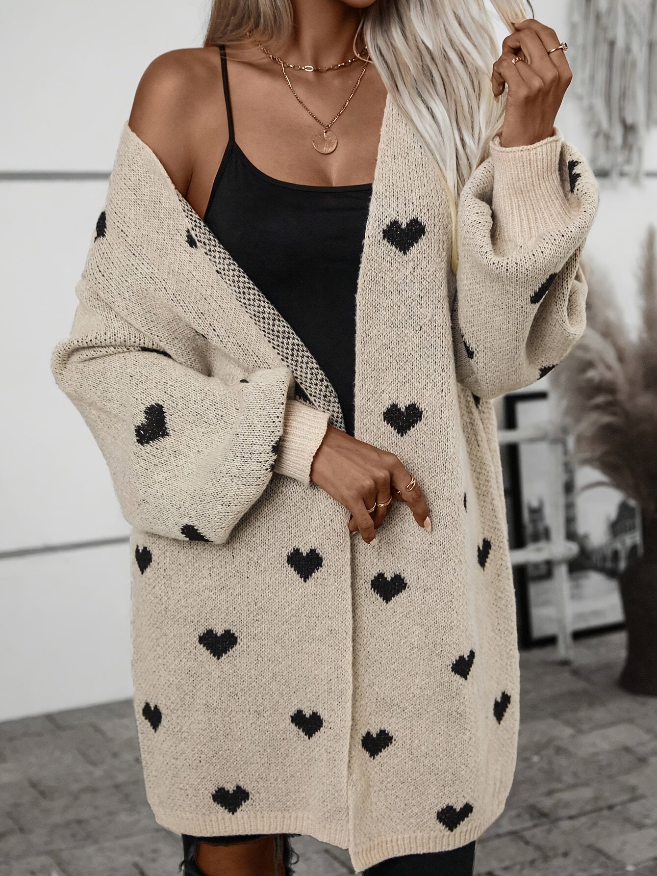 Drusilla | Oversized Cardigan Beige Heart Print Knit for Women