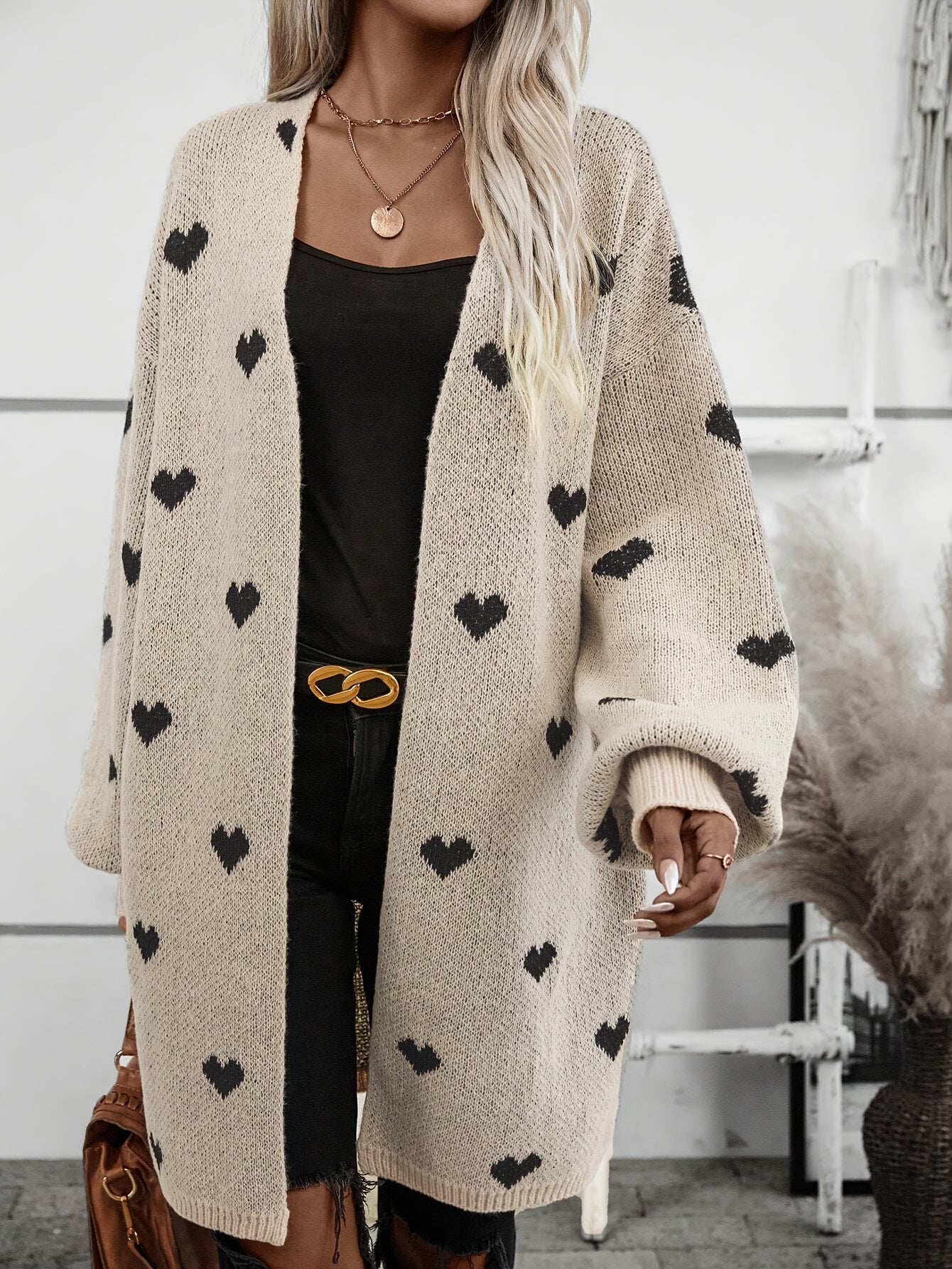 Drusilla | Oversized Cardigan Beige Heart Print Knit for Women