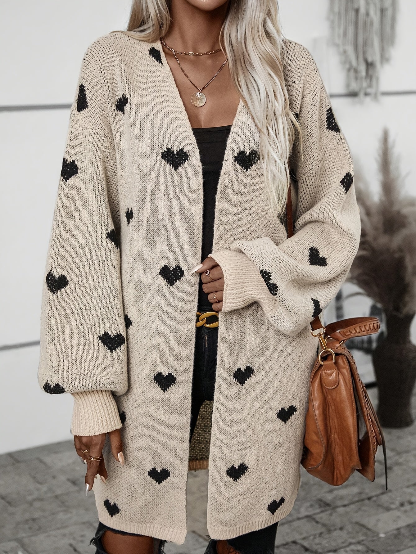 Drusilla | Oversized Cardigan Beige Heart Print Knit for Women