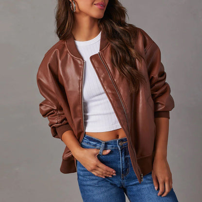 Aurelia | Bomber Jacket Brown Vegan Leather Ribbed Trim for Women