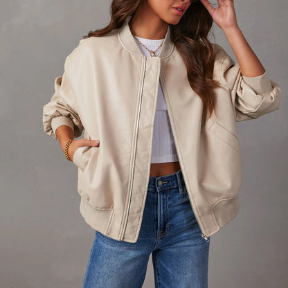 Aurelia | Bomber Jacket Brown Vegan Leather Ribbed Trim for Women