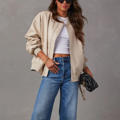 Aurelia | Bomber Jacket Brown Vegan Leather Ribbed Trim for Women