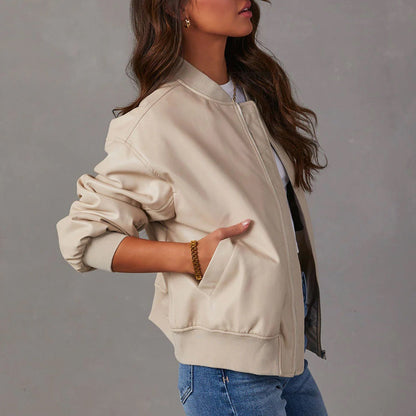 Aurelia | Bomber Jacket Brown Vegan Leather Ribbed Trim for Women