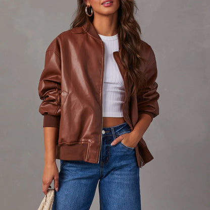 Aurelia | Bomber Jacket Brown Vegan Leather Ribbed Trim for Women