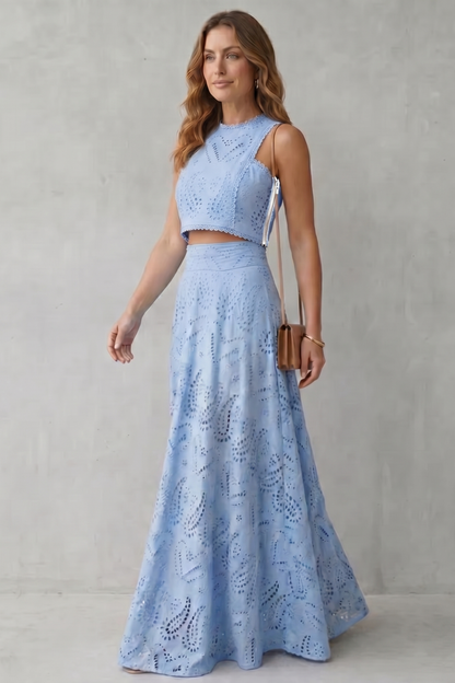 Anthea | Maxi Co-ord Set Sky Blue Cotton Broderie Anglaise Sleeveless for Women
