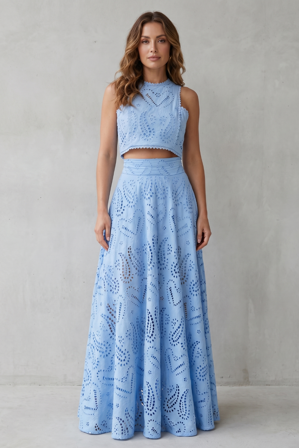 Anthea | Maxi Co-ord Set Sky Blue Cotton Broderie Anglaise Sleeveless for Women