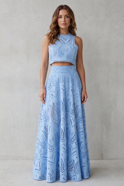 Anthea | Maxi Co-ord Set Sky Blue Cotton Broderie Anglaise Sleeveless for Women