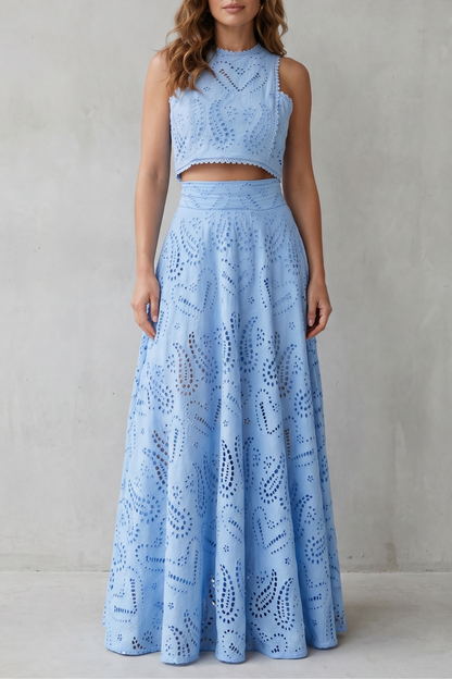 Anthea | Maxi Co-ord Set Sky Blue Cotton Broderie Anglaise Sleeveless for Women
