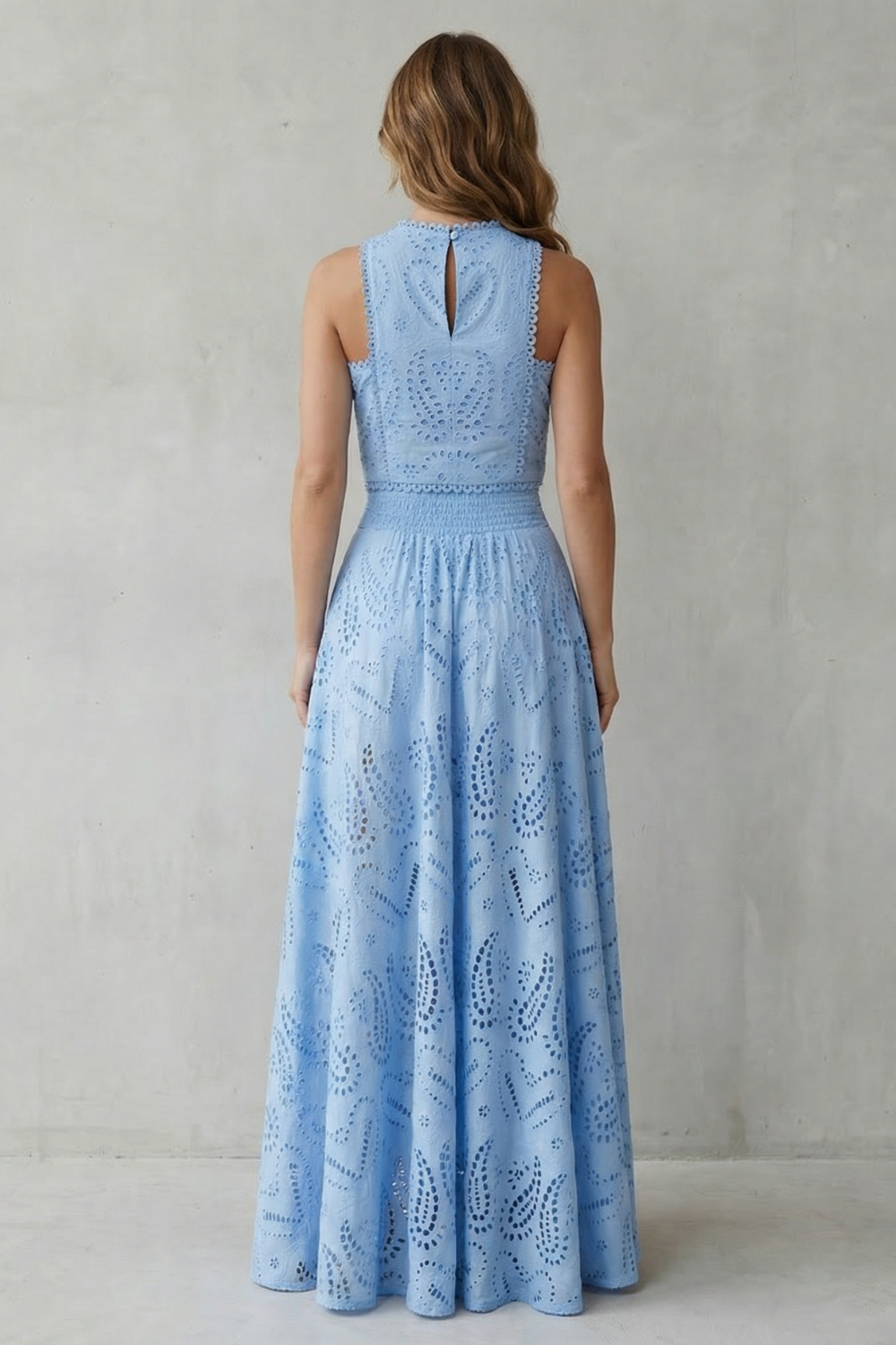 Anthea | Maxi Co-ord Set Sky Blue Cotton Broderie Anglaise Sleeveless for Women