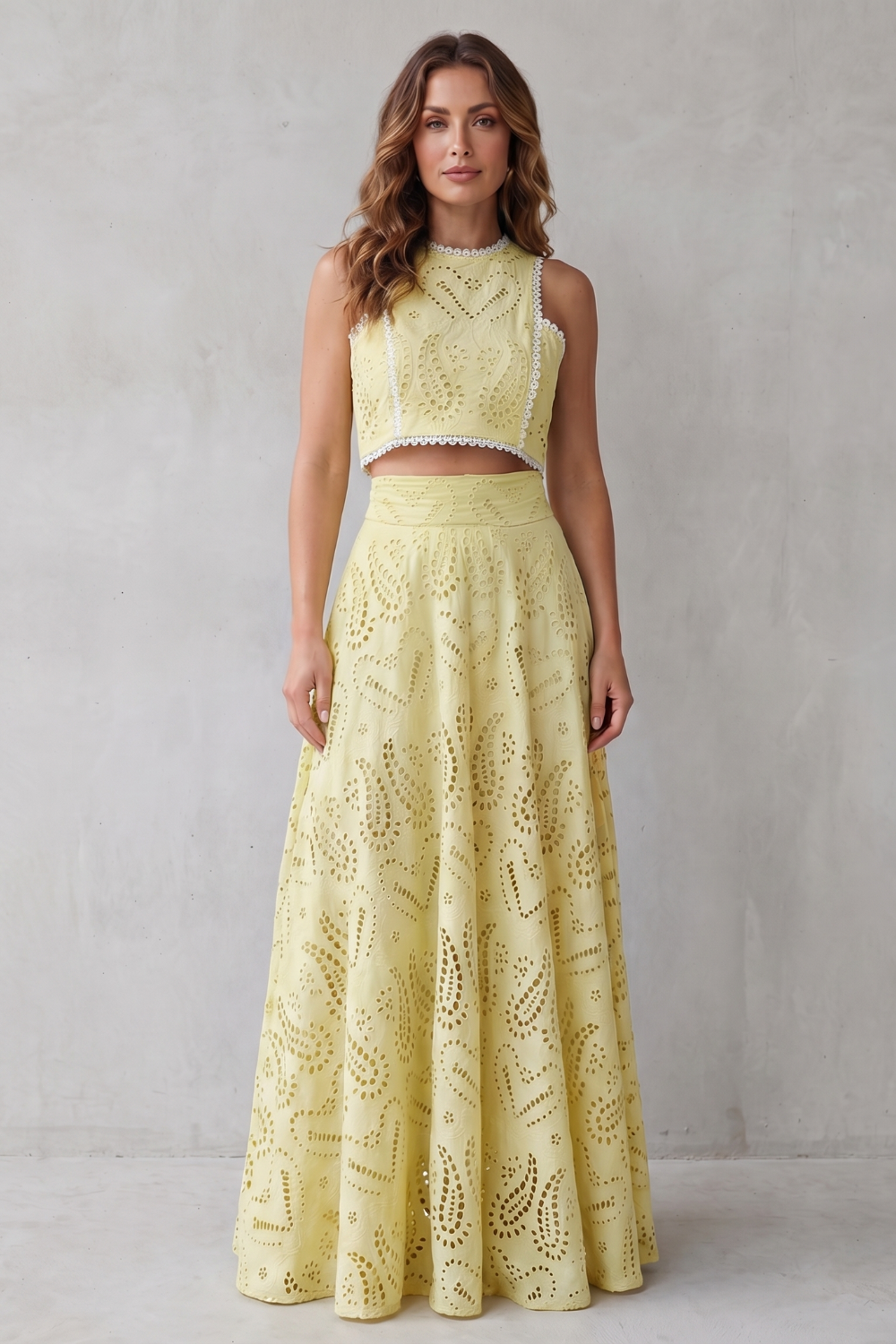 Anthea | Maxi Co-ord Set Sky Blue Cotton Broderie Anglaise Sleeveless for Women