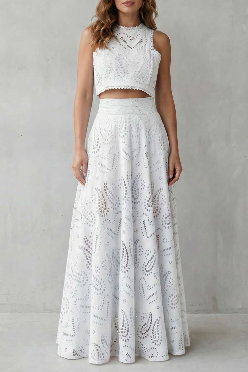 Anthea | Maxi Co-ord Set Sky Blue Cotton Broderie Anglaise Sleeveless for Women