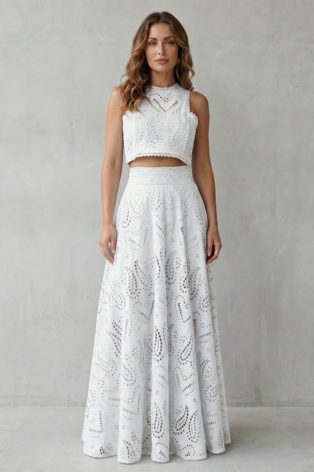 Anthea | Maxi Co-ord Set Sky Blue Cotton Broderie Anglaise Sleeveless for Women