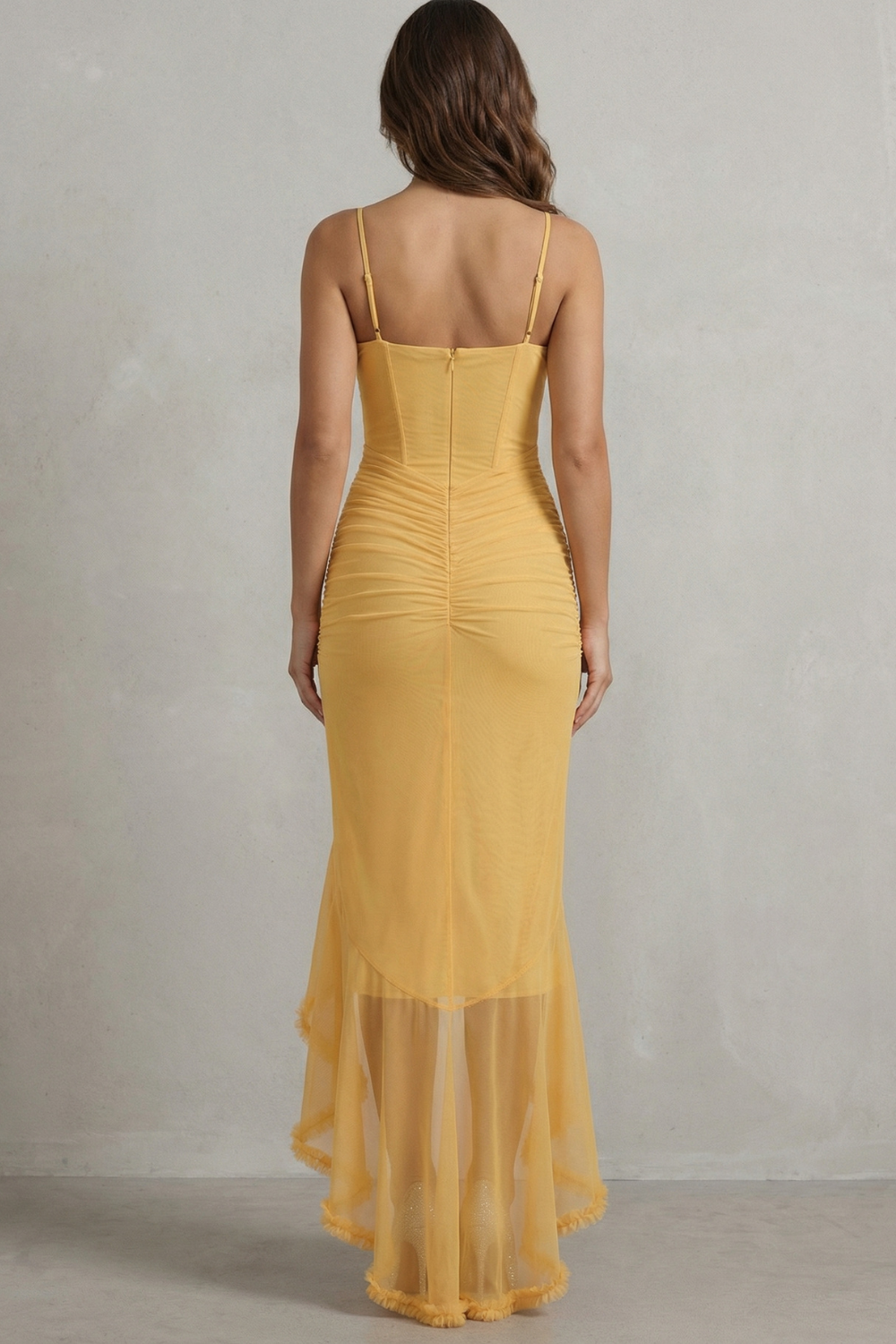 Rosalind | Maxi Party Dress Yellow Mesh Ruffle High-Low Sleeveless for Women