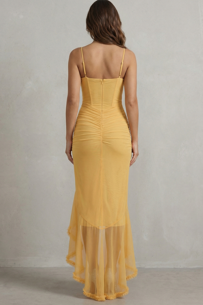 Rosalind | Maxi Party Dress Yellow Mesh Ruffle High-Low Sleeveless for Women