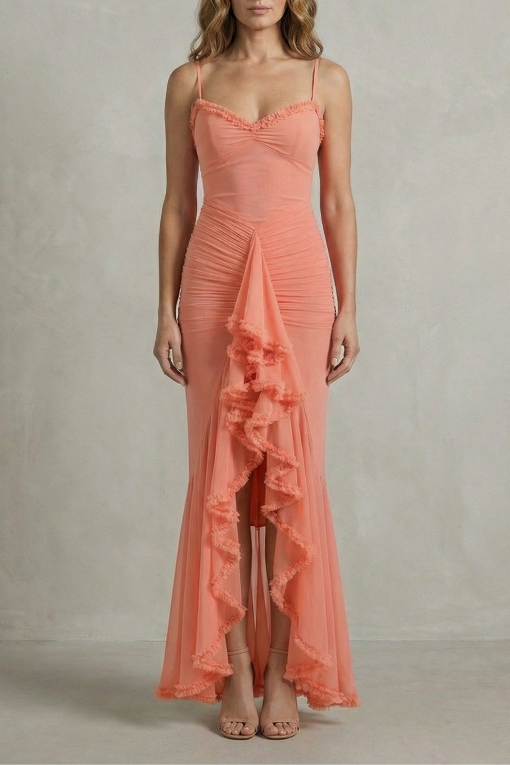 Rosalind | Maxi Party Dress Yellow Mesh Ruffle High-Low Sleeveless for Women