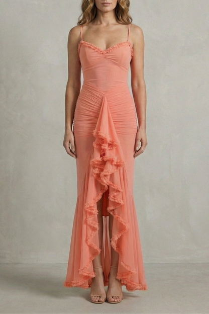 Rosalind | Maxi Party Dress Yellow Mesh Ruffle High-Low Sleeveless for Women