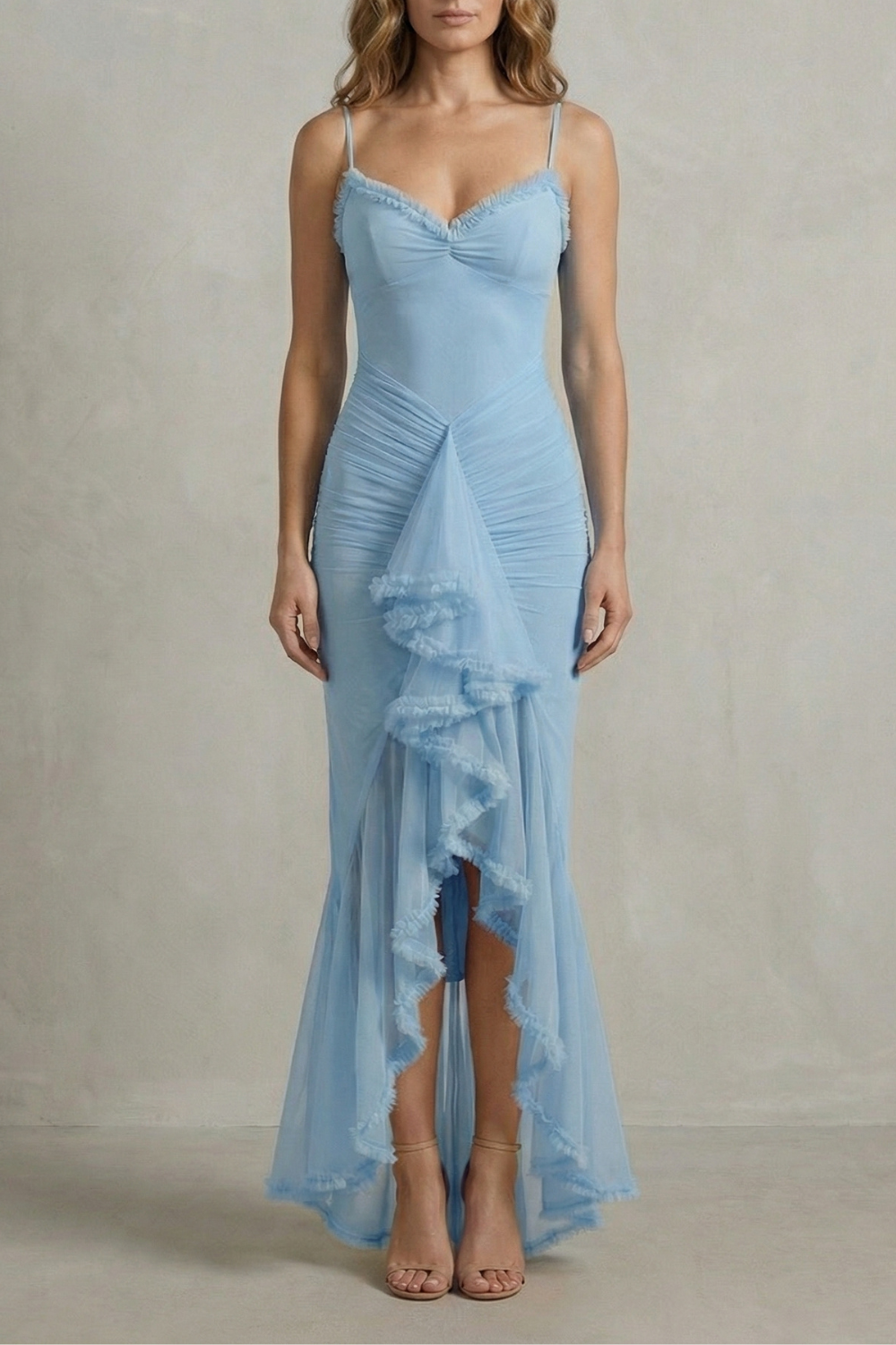 Rosalind | Maxi Party Dress Yellow Mesh Ruffle High-Low Sleeveless for Women