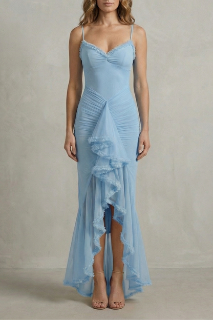 Rosalind | Maxi Party Dress Yellow Mesh Ruffle High-Low Sleeveless for Women