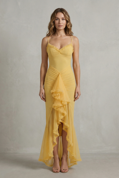 Rosalind | Maxi Party Dress Yellow Mesh Ruffle High-Low Sleeveless for Women