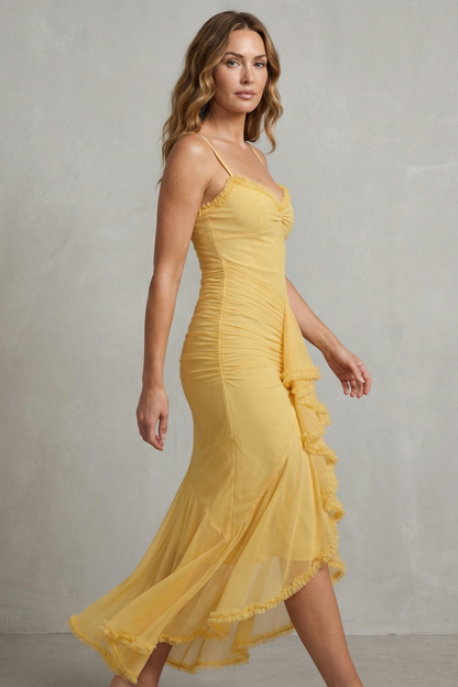 Rosalind | Maxi Party Dress Yellow Mesh Ruffle High-Low Sleeveless for Women