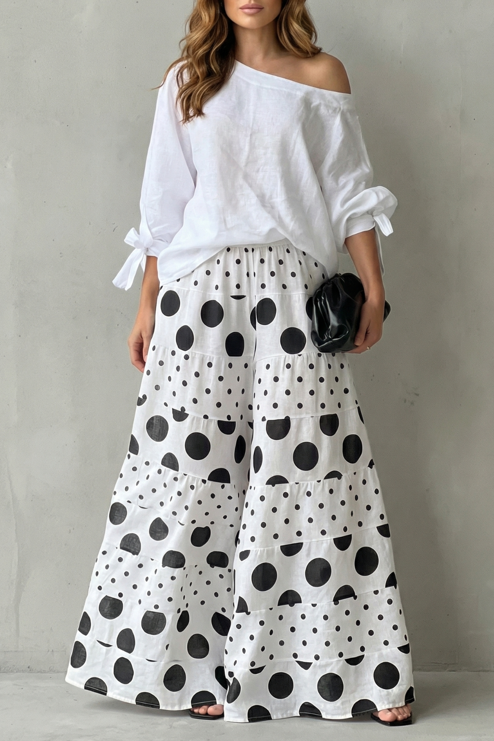 Lara | Wide-Leg Trousers Set White Black Polka Dot Long Sleeve for Women
