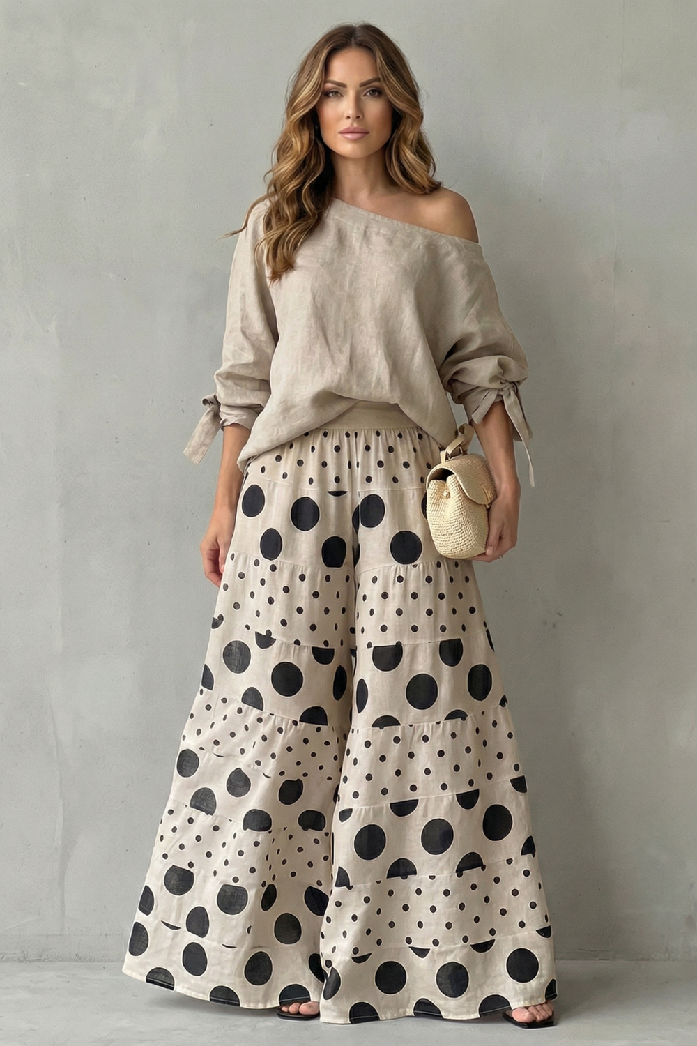 Lara | Wide-Leg Trousers Set White Black Polka Dot Long Sleeve for Women
