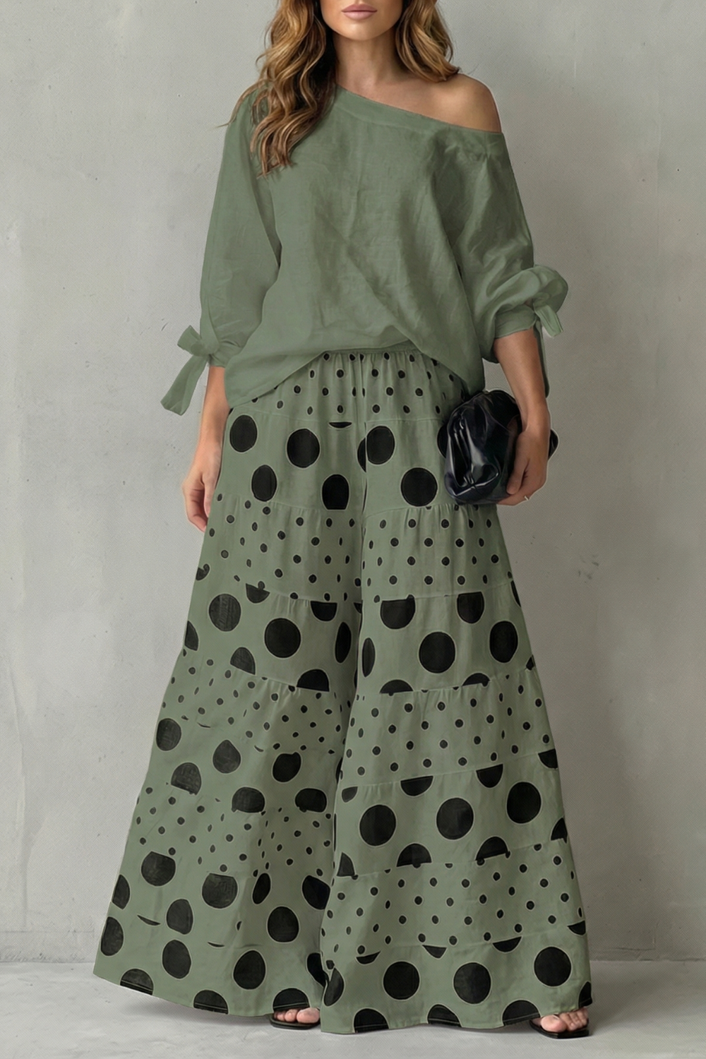 Lara | Wide-Leg Trousers Set White Black Polka Dot Long Sleeve for Women