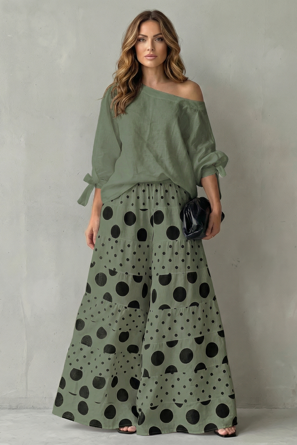 Lara | Wide-Leg Trousers Set White Black Polka Dot Long Sleeve for Women