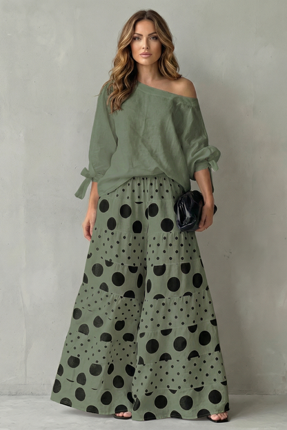 Lara | Wide-Leg Trousers Set White Black Polka Dot Long Sleeve for Women