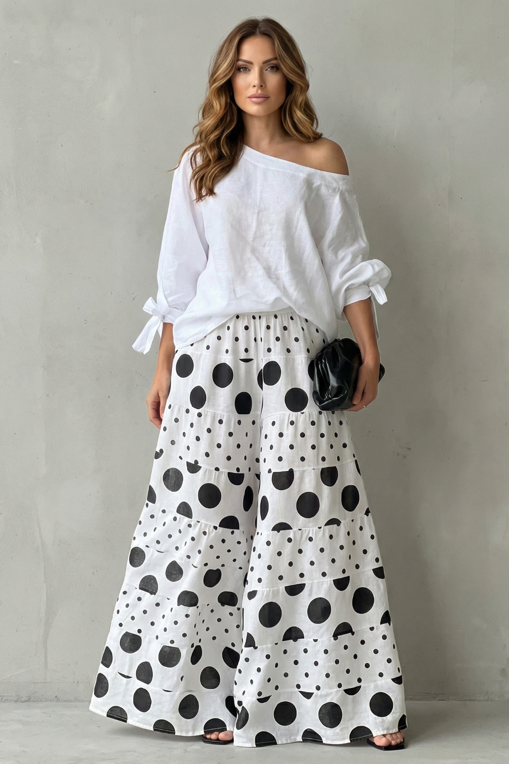 Lara | Wide-Leg Trousers Set White Black Polka Dot Long Sleeve for Women