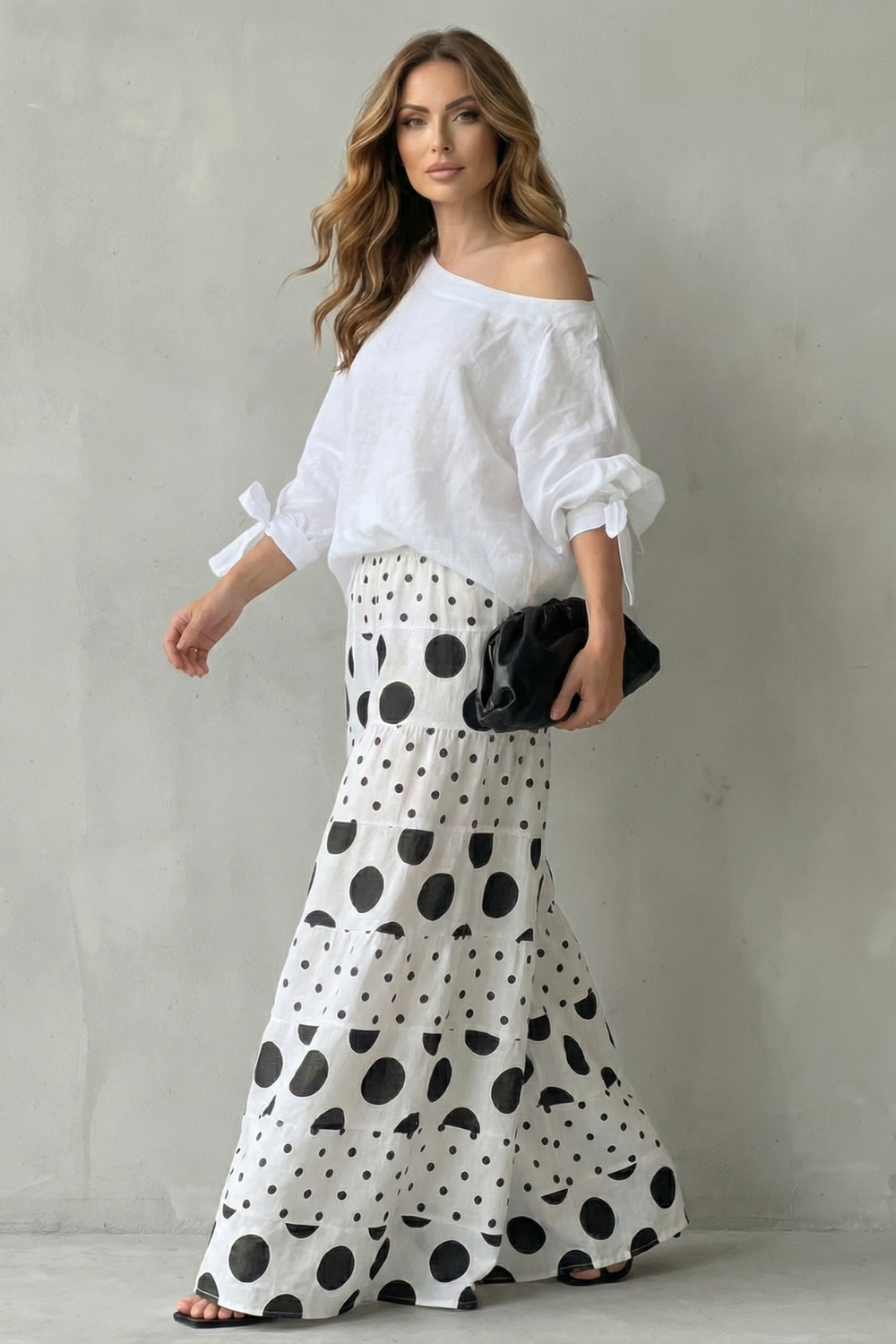 Lara | Wide-Leg Trousers Set White Black Polka Dot Long Sleeve for Women