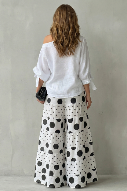 Lara | Wide-Leg Trousers Set White Black Polka Dot Long Sleeve for Women