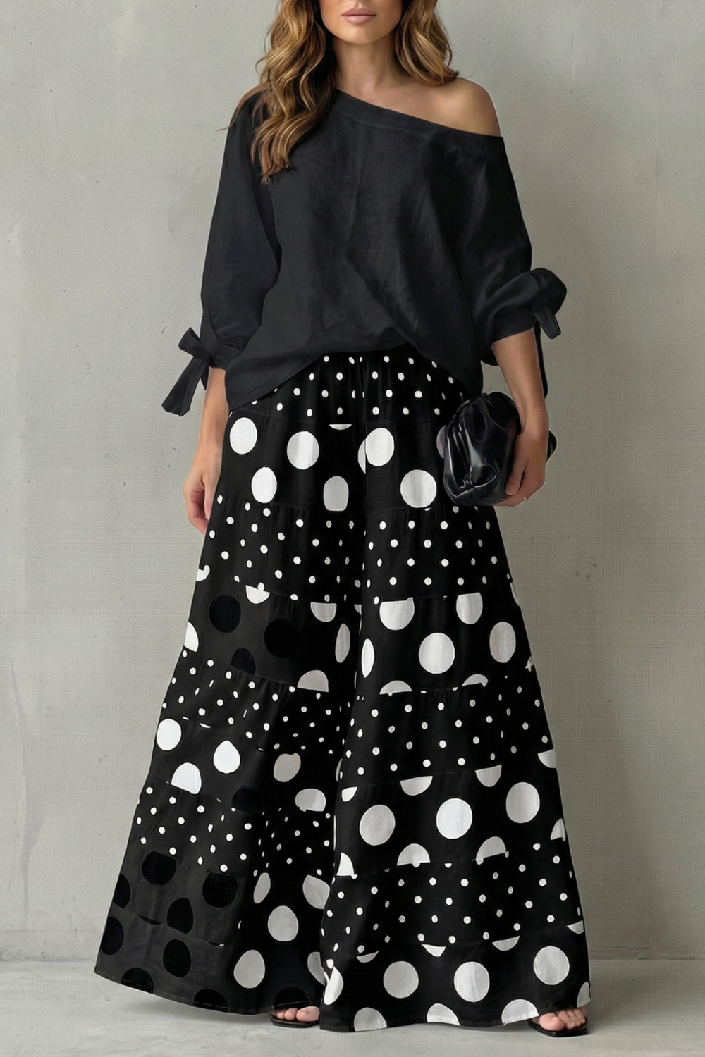 Lara | Wide-Leg Trousers Set White Black Polka Dot Long Sleeve for Women