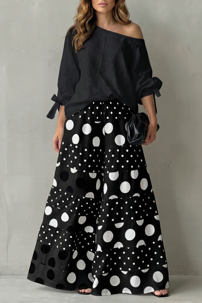 Lara | Wide-Leg Trousers Set White Black Polka Dot Long Sleeve for Women