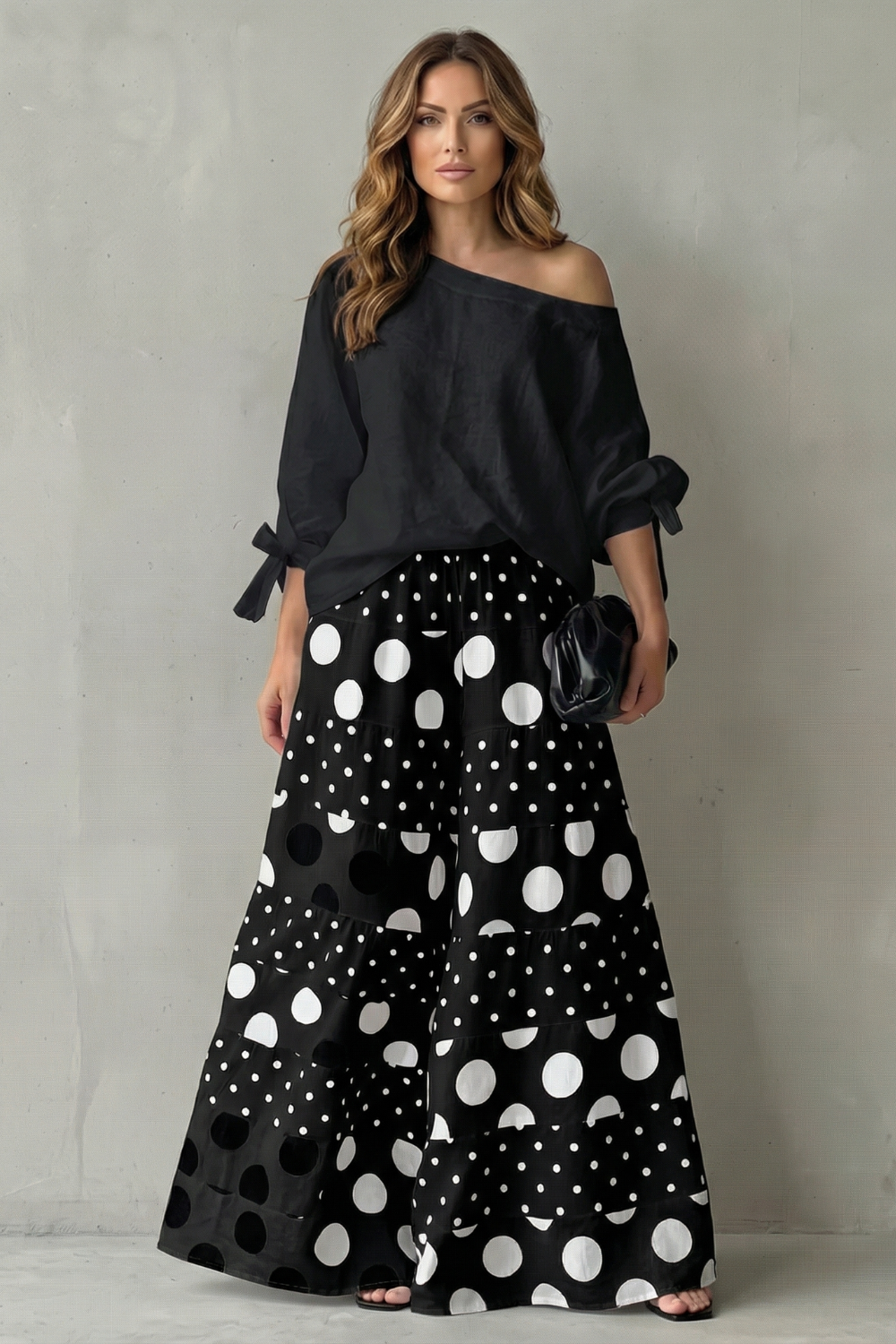 Lara | Wide-Leg Trousers Set White Black Polka Dot Long Sleeve for Women