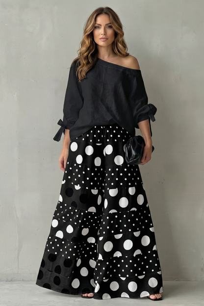 Lara | Wide-Leg Trousers Set White Black Polka Dot Long Sleeve for Women