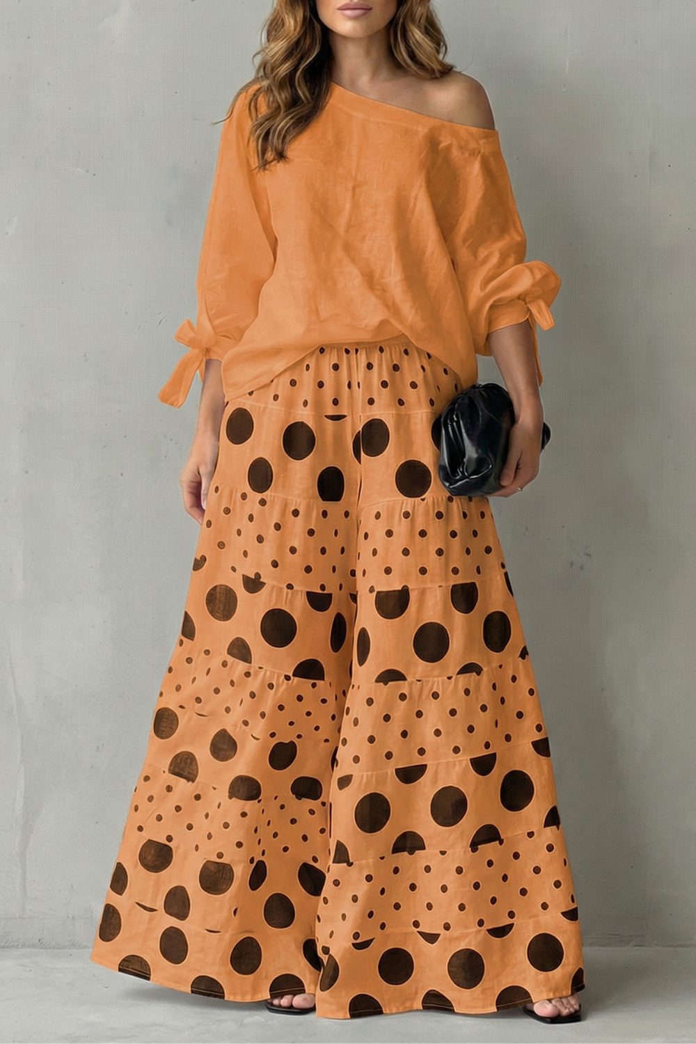 Lara | Wide-Leg Trousers Set White Black Polka Dot Long Sleeve for Women