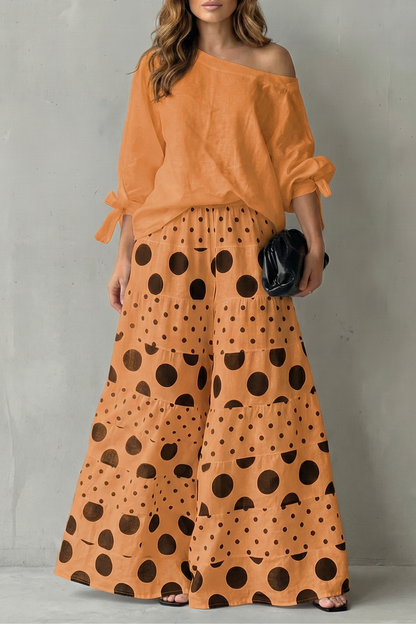 Lara | Wide-Leg Trousers Set White Black Polka Dot Long Sleeve for Women