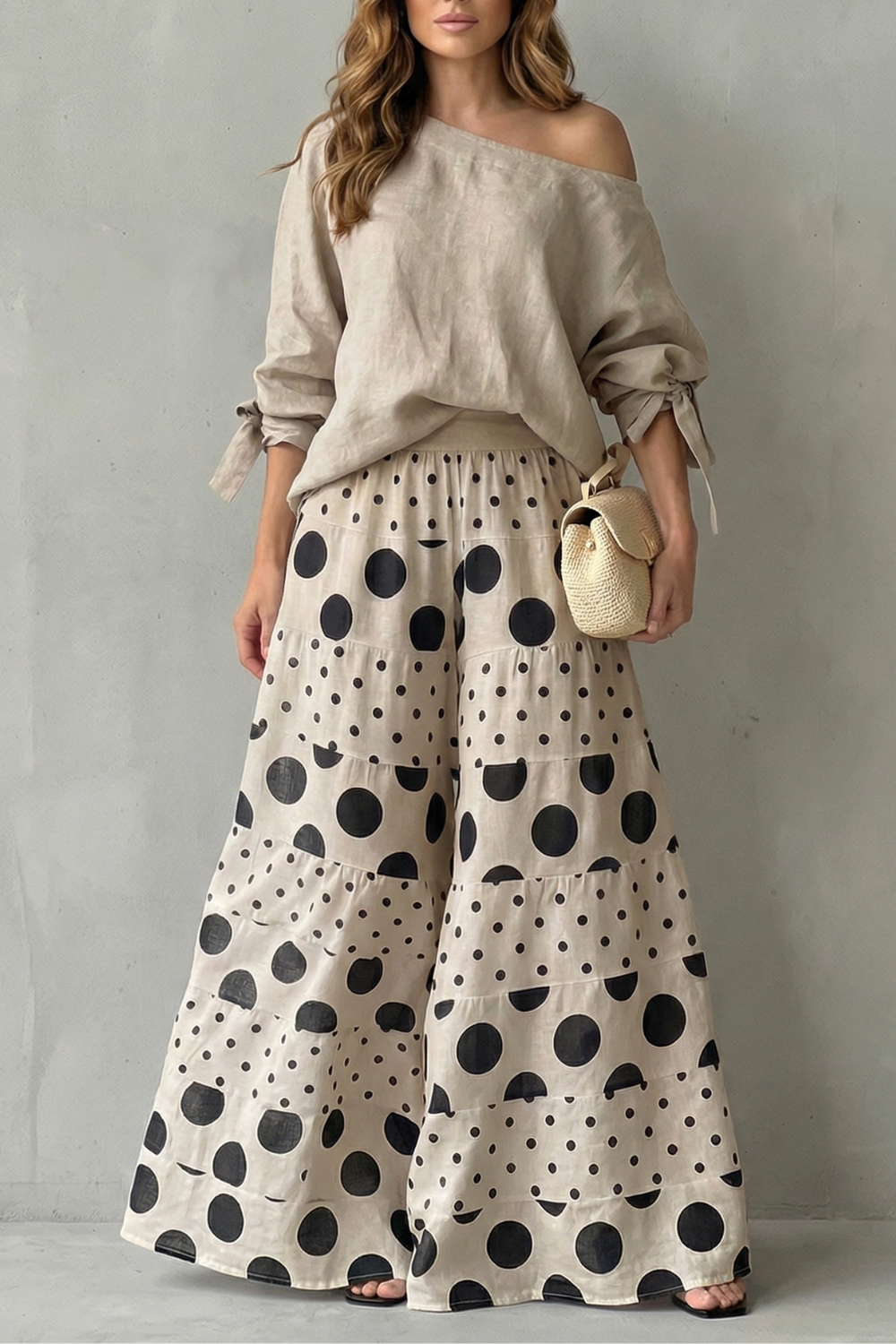 Lara | Wide-Leg Trousers Set White Black Polka Dot Long Sleeve for Women