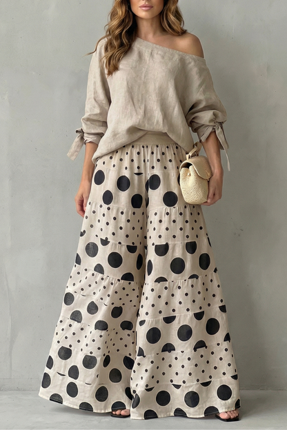 Lara | Wide-Leg Trousers Set White Black Polka Dot Long Sleeve for Women