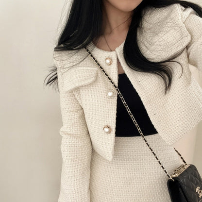 Cecily | Tweed Co-Ord Set Cream Cotton Cropped Jacket Mini Skirt for Women