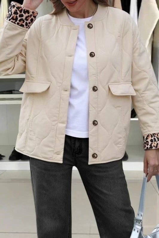 Harriet | Quilted Jacket Cream Leopard Cuff Relaxed Fit for Women