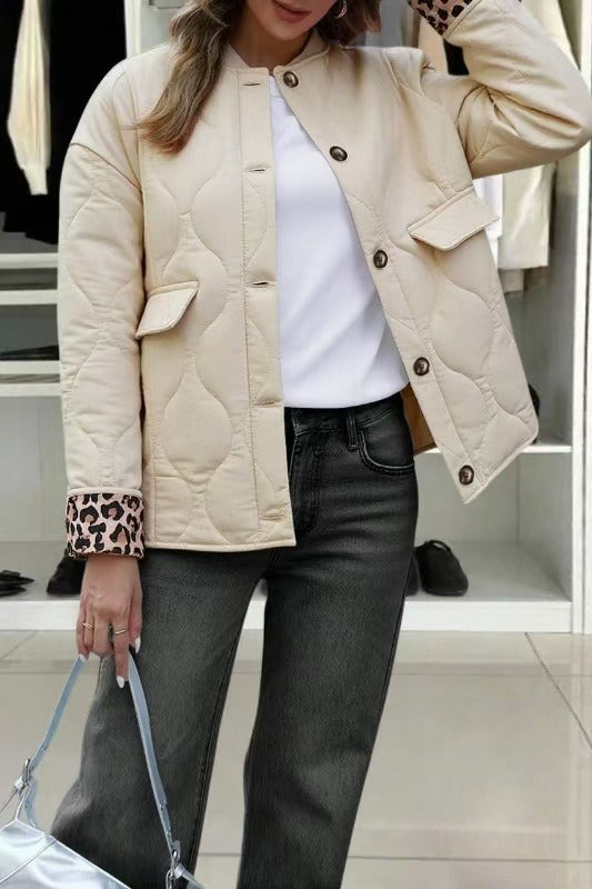 Harriet | Quilted Jacket Cream Leopard Cuff Relaxed Fit for Women