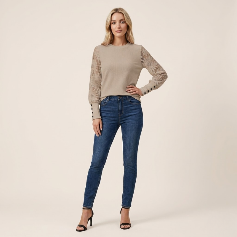 Arden | Long Sleeve Top Beige Textured Knit Lace Sleeves for Women
